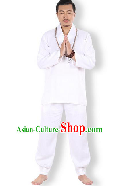 Top Grade Kung Fu Costume Martial Arts Linen Meditation Suits Pulian Zen Clothing, Training Costume Tai Ji White Uniforms Gongfu Shaolin Wushu Tai Chi Clothing for Men