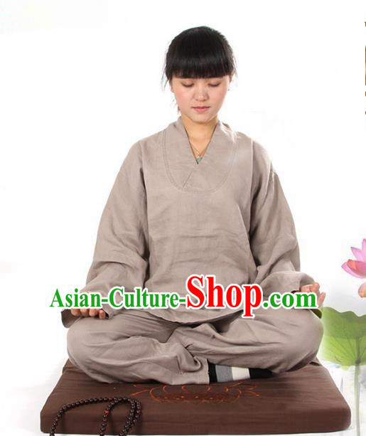 Top Grade Kung Fu Costume Martial Arts Linen Meditation Suits Pulian Zen Clothing, Training Costume Tai Ji Khaki Uniforms Gongfu Shaolin Wushu Tai Chi Clothing for Women