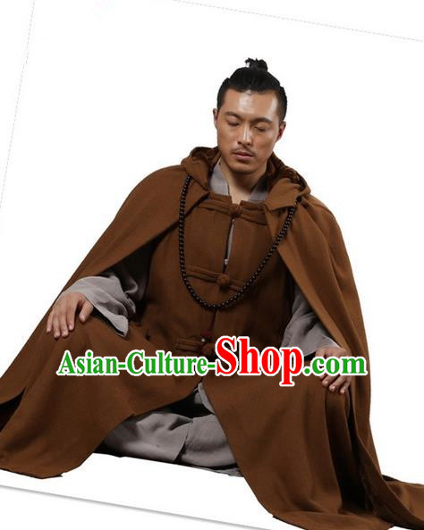 Top Kung Fu Costume Martial Arts Light Tan Woolen Cloak Pulian Clothing, Tai Ji Mantle Gongfu Shaolin Wushu Tai Chi Meditation Cape for Women for Men