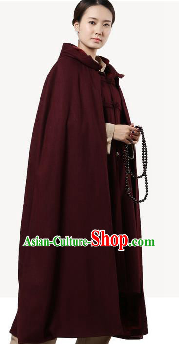 Top Kung Fu Costume Martial Arts Wine Red Woolen Cloak Pulian Clothing, Tai Ji Mantle Gongfu Shaolin Wushu Tai Chi Meditation Cape for Women for Men