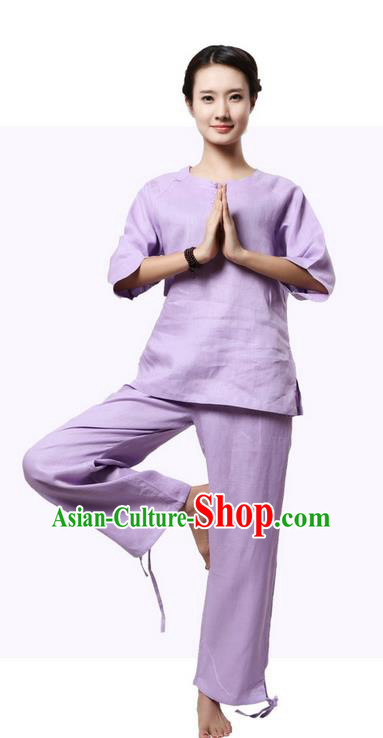 Top Grade Kung Fu Costume Martial Arts Purple Linen Suits Pulian Zen Clothing, Training Costume Tai Ji Meditation Uniforms Gongfu Shaolin Wushu Tai Chi Plated Buttons Clothing for Women