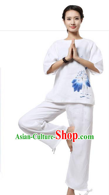 Top Grade Kung Fu Costume Martial Arts White Painting Lotus Linen Suits Pulian Zen Clothing, Training Costume Tai Ji Meditation Uniforms Gongfu Shaolin Wushu Tai Chi Plated Buttons Clothing for Women