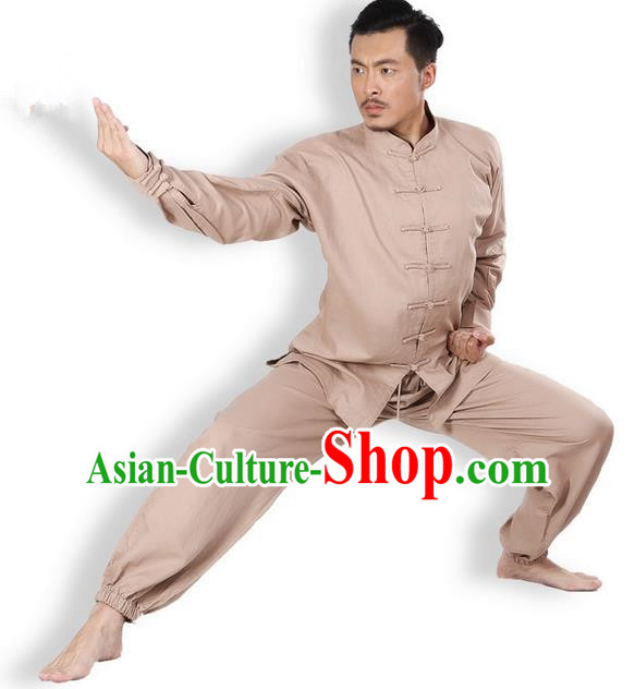 Top Grade Kung Fu Costume Martial Arts Khaki Linen Suits Pulian Zen Clothing, Training Costume Tai Ji Meditation Uniforms Gongfu Wushu Tai Chi Plated Buttons Clothing for Men