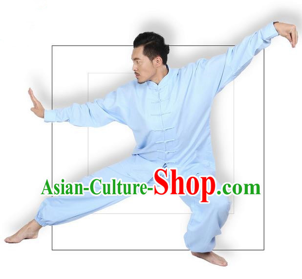 Top Grade Kung Fu Costume Martial Arts Blue Linen Suits Pulian Zen Clothing, Training Costume Tai Ji Meditation Uniforms Gongfu Wushu Tai Chi Plated Buttons Clothing for Men