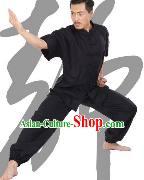Top Grade Kung Fu Costume Martial Arts Black Linen Suits Pulian Zen Clothing, Training Costume Tai Ji Meditation Uniforms Gongfu Wushu Tai Chi Short Sleeve Clothing for Men