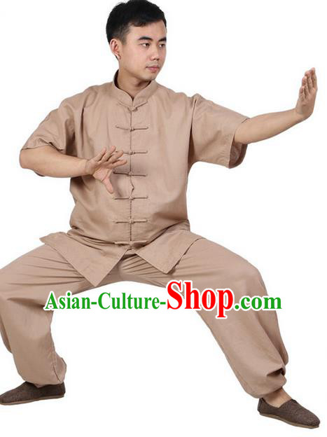 Top Grade Kung Fu Costume Martial Arts Khaki Linen Suits Pulian Zen Clothing, Training Costume Tai Ji Meditation Uniforms Gongfu Wushu Tai Chi Short Sleeve Clothing for Men