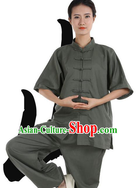 Top Grade Kung Fu Costume Martial Arts Army Green Linen Suits Pulian Zen Clothing, Training Costume Tai Ji Meditation Uniforms Gongfu Wushu Tai Chi Short Sleeve Clothing for Women