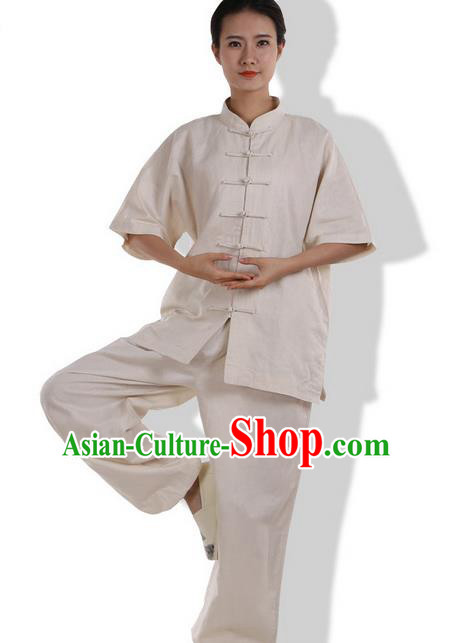Top Grade Kung Fu Costume Martial Arts Beige Linen Suits Pulian Zen Clothing, Training Costume Tai Ji Meditation Uniforms Gongfu Wushu Tai Chi Short Sleeve Clothing for Women