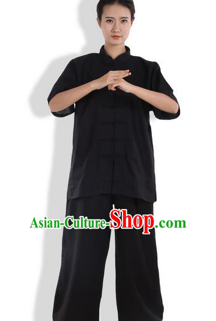 Top Grade Kung Fu Costume Martial Arts Black Linen Suits Pulian Zen Clothing, Training Costume Tai Ji Meditation Uniforms Gongfu Wushu Tai Chi Short Sleeve Clothing for Women