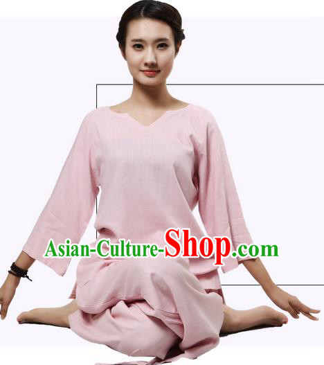 Top Grade Kung Fu Costume Martial Arts Pink Linen Suits Pulian Clothing, Zen Costume Tai Ji Meditation Uniforms Wushu Tai Chi Short Sleeve Clothing for Women