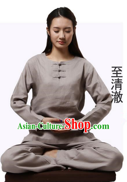 Top Grade Kung Fu Costume Martial Arts Grey Linen Suits Pulian Clothing, Zen Costume Tai Ji Meditation Uniforms Wushu Tai Chi Long Sleeve Clothing for Women