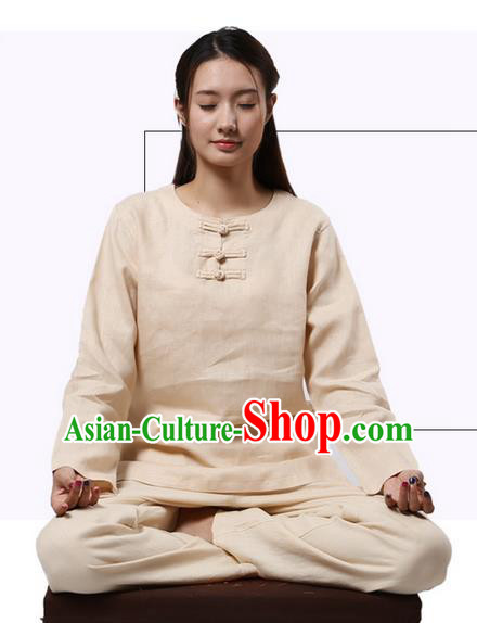 Top Grade Kung Fu Costume Martial Arts Beige Linen Suits Pulian Clothing, Zen Costume Tai Ji Meditation Uniforms Wushu Tai Chi Long Sleeve Clothing for Women