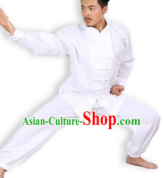 Top Grade Kung Fu Costume Martial Arts White Linen Suits Pulian Zen Clothing, Training Costume Tai Ji Meditation Uniforms Gongfu Wushu Tai Chi Plated Buttons Clothing for Men