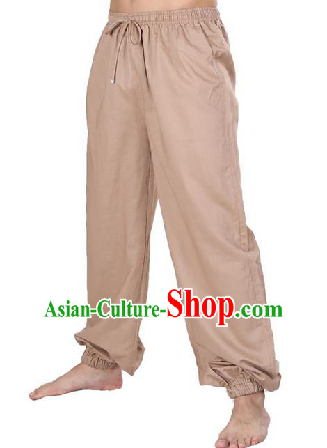 Top Grade Kung Fu Costume Martial Arts Khaki Linen Pants Pulian Zen Clothing, Training Bloomers Gongfu Meditation Trousers Shaolin Wushu Tai Chi Plus Fours for Men