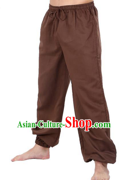 Top Grade Kung Fu Costume Martial Arts Coffee Linen Pants Pulian Zen Clothing, Training Bloomers Gongfu Meditation Trousers Shaolin Wushu Tai Chi Plus Fours for Men