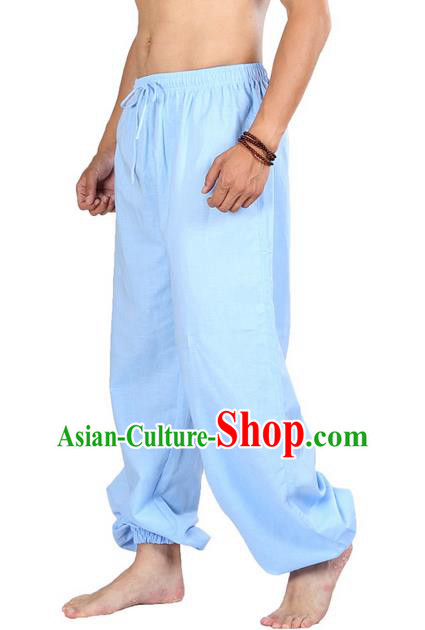 Top Grade Kung Fu Costume Martial Arts Blue Linen Pants Pulian Zen Clothing, Training Bloomers Gongfu Meditation Trousers Shaolin Wushu Tai Chi Plus Fours for Men