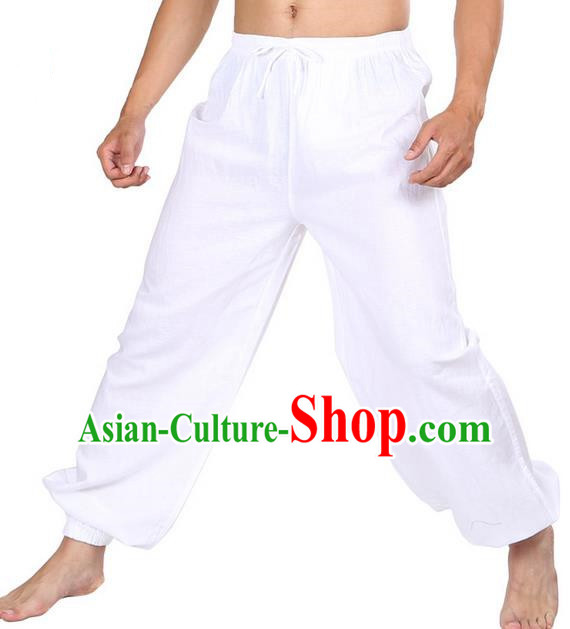 Top Grade Kung Fu Costume Martial Arts White Linen Pants Pulian Zen Clothing, Training Bloomers Gongfu Meditation Trousers Shaolin Wushu Tai Chi Plus Fours for Men