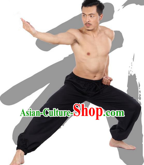 Top Grade Kung Fu Costume Martial Arts Black Linen Pants Pulian Zen Clothing, Training Bloomers Gongfu Meditation Trousers Shaolin Wushu Tai Chi Plus Fours for Men