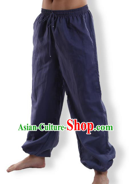 Top Grade Kung Fu Costume Martial Arts Navy Linen Pants Pulian Zen Clothing, Training Bloomers Gongfu Meditation Trousers Shaolin Wushu Tai Chi Plus Fours for Men