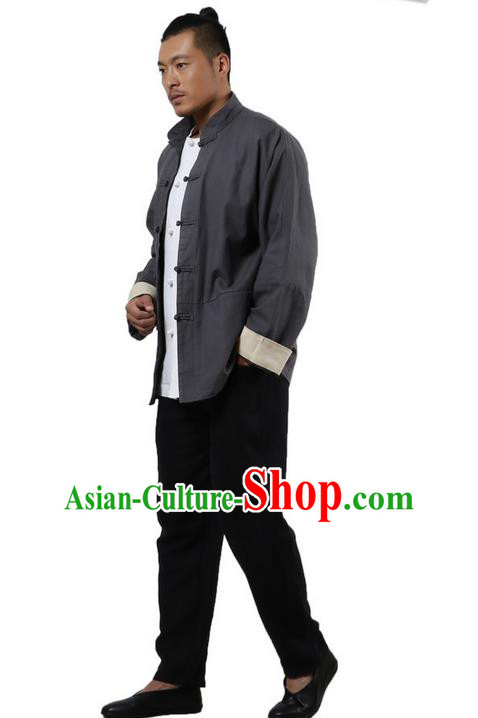 Top Grade Chinese Kung Fu Costume Martial Arts Grey Linen Coats Pulian Clothing, Gongfu Meditation Shaolin Wushu Tai Chi Tang Suit Jacket for Men
