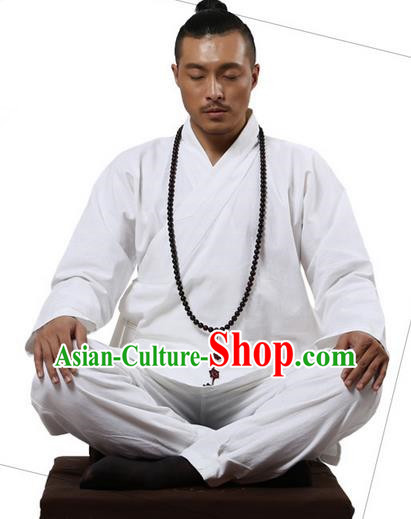 Traditional Chinese Kung Fu Costume Martial Arts White Linen Suits Pulian Clothing, Training Costume Tai Ji Meditation Uniforms Gongfu Wushu Tai Chi Clothing for Men