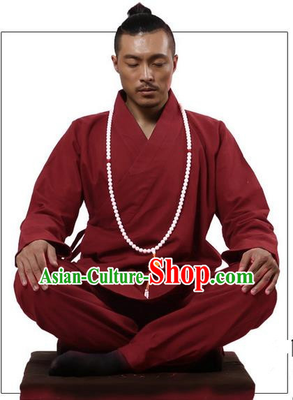 Traditional Chinese Kung Fu Costume Martial Arts Red Linen Suits Pulian Clothing, Training Costume Tai Ji Meditation Uniforms Gongfu Wushu Tai Chi Clothing for Men