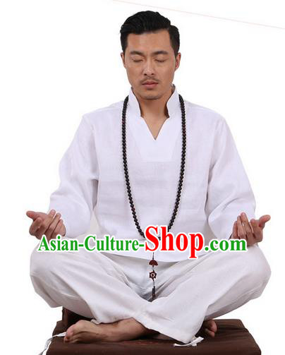 Traditional Chinese Kung Fu Costume Martial Arts White Linen Training Suits Pulian Clothing, Tai Ji Meditation Uniforms Gongfu Wushu Tai Chi Clothing for Men