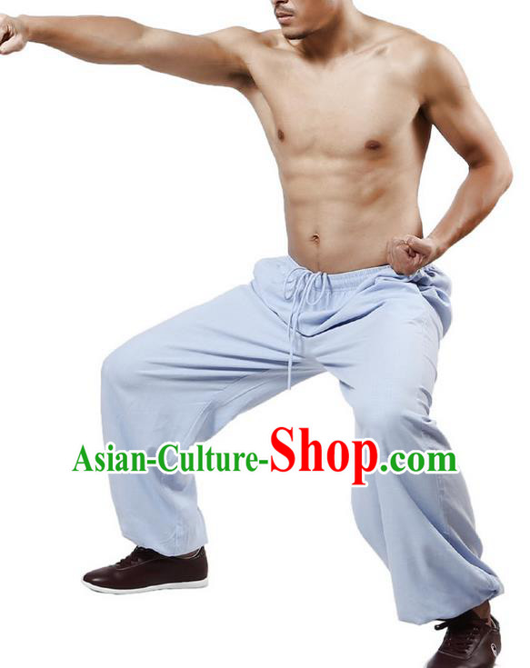 Top Grade Kung Fu Costume Martial Arts Blue Linen Pants Pulian Training Bloomers, Gongfu Trousers Shaolin Wushu Tai Chi Plus Fours for Men