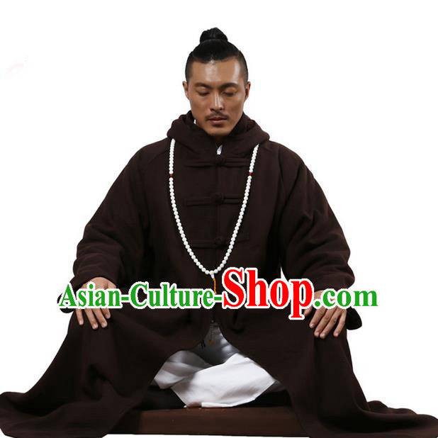 Top Grade Kung Fu Costume Martial Arts Woolen Pulian Clothing Coffee Long Coat, Gongfu Shaolin Wushu Tai Chi Tang Suit Meditation Dust Coat for Women for Men