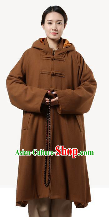 Top Grade Kung Fu Costume Martial Arts Woolen Pulian Clothing Light Tan Long Coat, Gongfu Shaolin Wushu Tai Chi Tang Suit Meditation Dust Coat for Women for Men