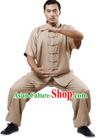 Traditional Chinese Kung Fu Costume Martial Arts Linen Khaki Suits Pulian Meditation Clothing, Tang Suit Plated Buttons Uniforms Tai Chi Clothing for Women for Men