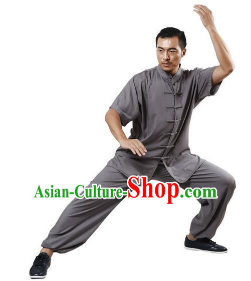 Traditional Chinese Kung Fu Costume Martial Arts Linen Grey Suits Pulian Meditation Clothing, Tang Suit Plated Buttons Uniforms Tai Chi Clothing for Men