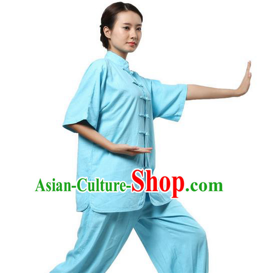 Traditional Chinese Kung Fu Costume Martial Arts Linen Blue Suits Pulian Meditation Clothing, Tang Suit Plated Buttons Uniforms Tai Chi Clothing for Women