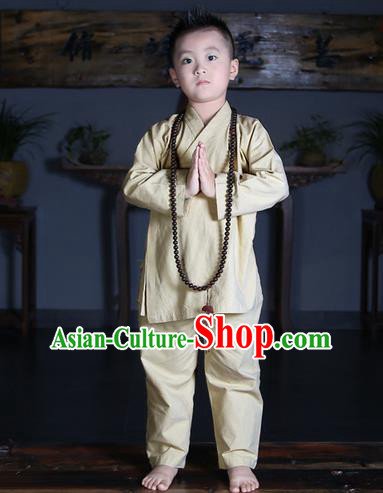 Traditional Chinese Kung Fu Costume Martial Arts Litter Monk Suits Pulian Meditation Clothing, Children Tang Suit Uniforms Tai Chi Beige Clothing for Kids