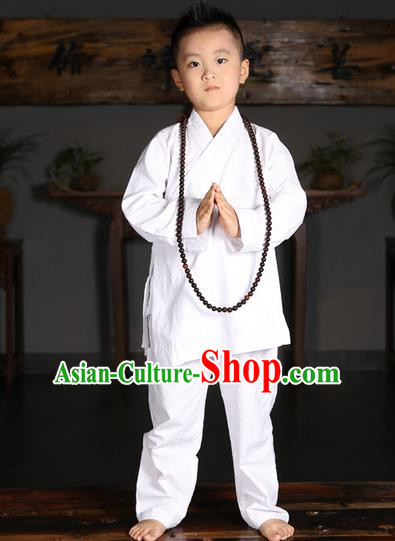 Traditional Chinese Kung Fu Costume Martial Arts Litter Monk Suits Pulian Meditation Clothing, Children Tang Suit Uniforms Tai Chi White Clothing for Kids