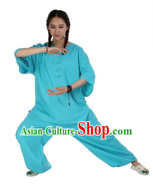 Traditional Chinese Kung Fu Costume Martial Arts Linen Suits Pulian Meditation Clothing, China Tang Suit Uniforms Tai Chi Blue Clothing for Women