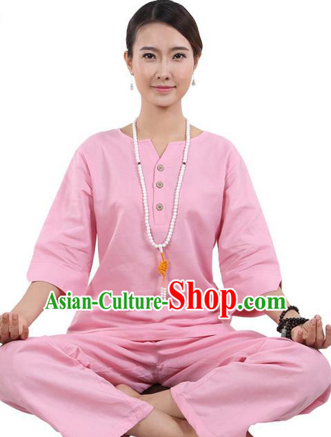 Traditional Chinese Kung Fu Costume Martial Arts Linen Pink Suits Pulian Meditation Clothing, China Tang Suit Yoga Uniforms Tai Chi Clothing for Women