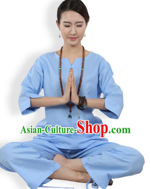 Traditional Chinese Kung Fu Costume Martial Arts Linen Blue Suits Pulian Meditation Clothing, China Tang Suit Yoga Uniforms Tai Chi Clothing for Women