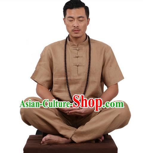 Traditional Chinese Kung Fu Costume Martial Arts Linen Plated Buttons Khaki Suits Pulian Meditation Clothing, China Tang Suit Uniforms Tai Chi Clothing for Men