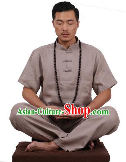 Traditional Chinese Kung Fu Costume Martial Arts Linen Plated Buttons Grey Suits Pulian Meditation Clothing, China Tang Suit Uniforms Tai Chi Clothing for Men