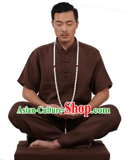 Traditional Chinese Kung Fu Costume Martial Arts Linen Plated Buttons Coffee Suits Pulian Meditation Clothing, China Tang Suit Uniforms Tai Chi Clothing for Men