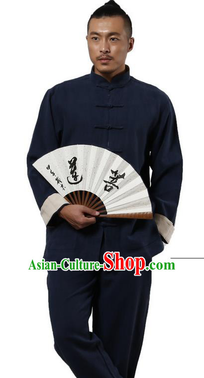 Traditional Chinese Kung Fu Costume Martial Arts Navy Ramine Suits Pulian Meditation Clothing, Tai Ji Uniforms Wushu Tai Chi Zen Clothing for Men