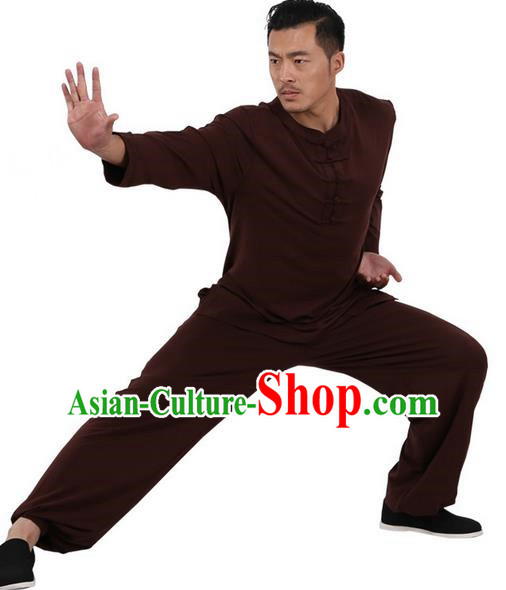 Traditional Chinese Kung Fu Costume Martial Arts Linen Plated Buttons Coffee Suits Pulian Meditation Clothing, China Tang Suit Uniforms Tai Chi Clothing for Men