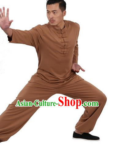 Traditional Chinese Kung Fu Costume Martial Arts Linen Plated Buttons Khaki Suits Pulian Meditation Clothing, China Tang Suit Uniforms Tai Chi Clothing for Men