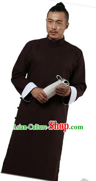 Traditional Chinese Kung Fu Costume Martial Arts Linen Plated Buttons Coffee Long Robe Pulian Clothing, China Tang Suit Long Flown Tai Chi Clothing for Men