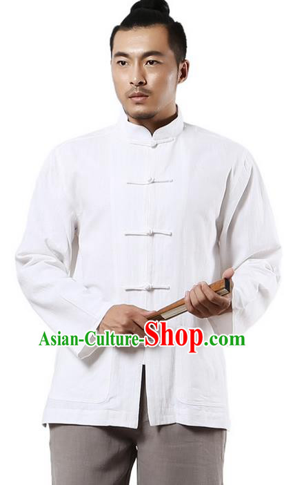 Traditional Chinese Kung Fu Costume Martial Arts Linen Plated Buttons White Overshirt Pulian Clothing, China Tang Suit Shirt Tai Chi Clothing for Men