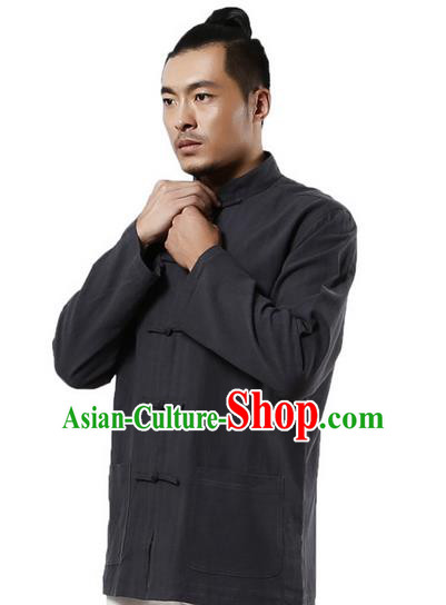 Traditional Chinese Kung Fu Costume Martial Arts Linen Plated Buttons Grey Overshirt Pulian Clothing, China Tang Suit Shirt Tai Chi Clothing for Men