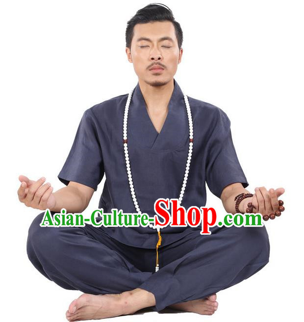 Traditional Chinese Kung Fu Costume Martial Arts Linen Navy Suits Pulian Clothing, China Tang Suit Uniforms Tai Chi Meditation Clothing for Men