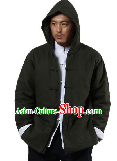 Traditional Chinese Kung Fu Costume Martial Arts Linen Hooded Coat Pulian Clothing, China Tang Suit Jackets Tai Chi Meditation Army Green Overcoat Clothing for Men