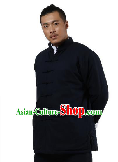 Traditional Chinese Kung Fu Costume Martial Arts Linen Plated Buttons Coat Pulian Clothing, China Tang Suit Jackets Tai Chi Meditation Navy Overcoat Clothing for Men